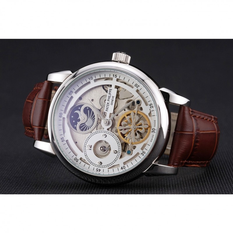 Patek Philippe Dual Time Moonphase Tourbillon White Skeletonised Dial Stainless Steel Case Brown Leather Strap-4