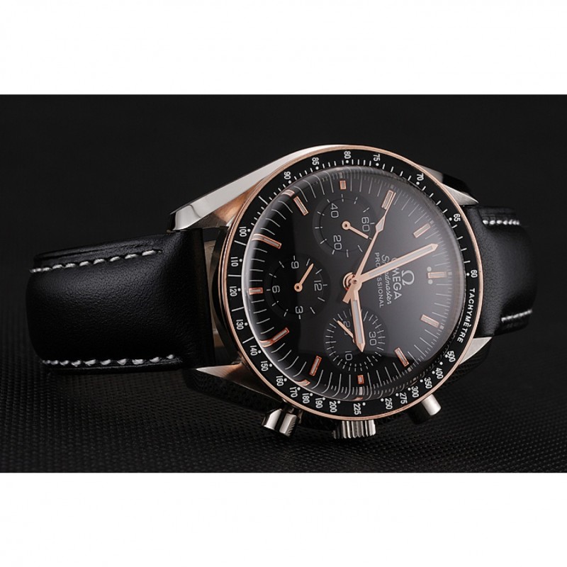 Swiss Omega Speedmaster Professional Black Dial Gold Accents Black Leather Bracelet 1453937-2
