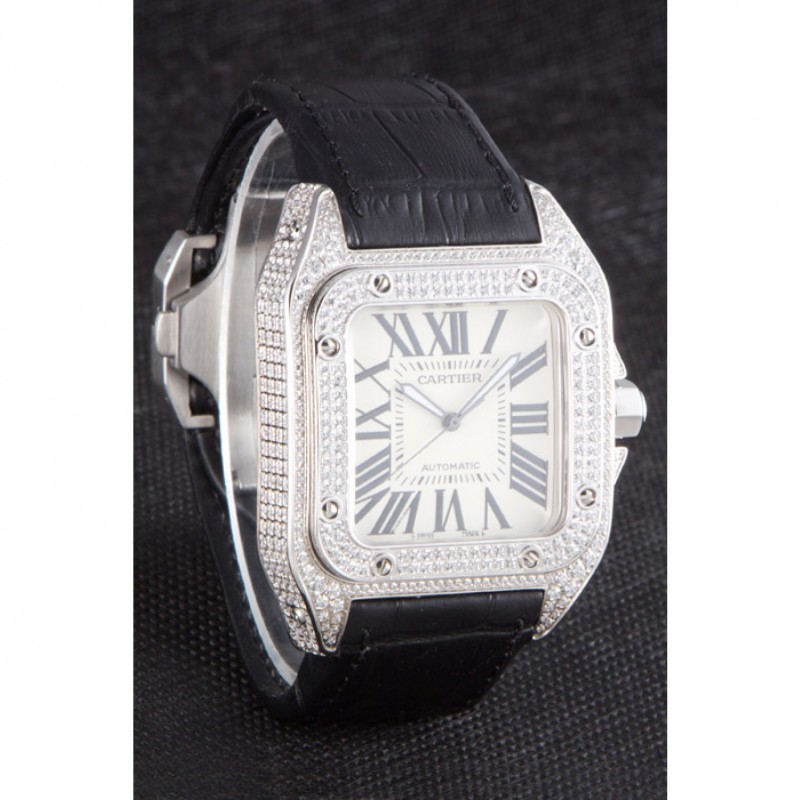 Swiss Cartier Santos Silver Bezel with Diamonds and Black Leather Strap sct47 621531-2