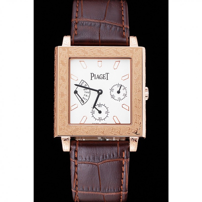 Luxury Replica Watches Piaget Emperador Limited Edition White Dial Engraved Rose Gold Case Brown Leather Bracelet 1454140-1