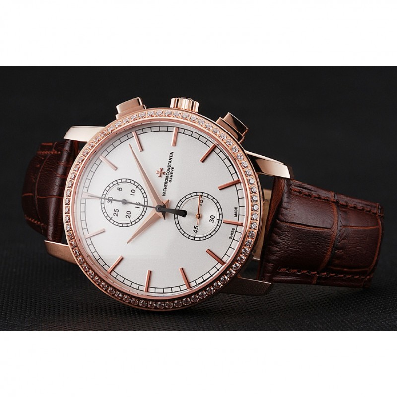 Swiss Vacheron Constantin Patrimony Traditionnelle Chronograph White Dial Diamond Bezel Rose Gold Case Brown Leather Strap 1453764-3