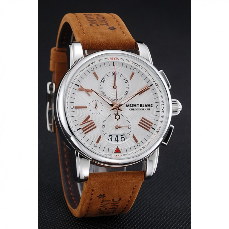 Montblanc Chronograph White Dial Brown Suede Leather Bracelet Silver Case 1454115-2