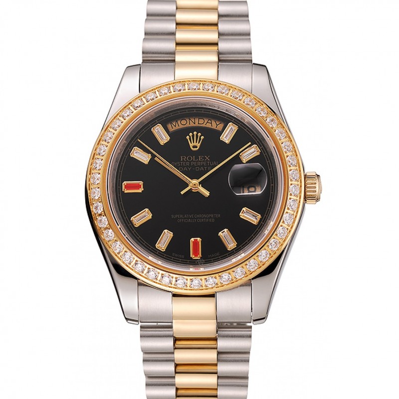 Swiss Rolex Day-Date Diamonds And Rubies Black Dial Two Tone Bracelet 1454105-0