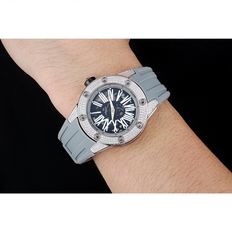 Luxury Replica Watches Richard Mille RM 033 Extra Flat Automatic Diamond Case Grey Rubber Bracelet 1454194-8