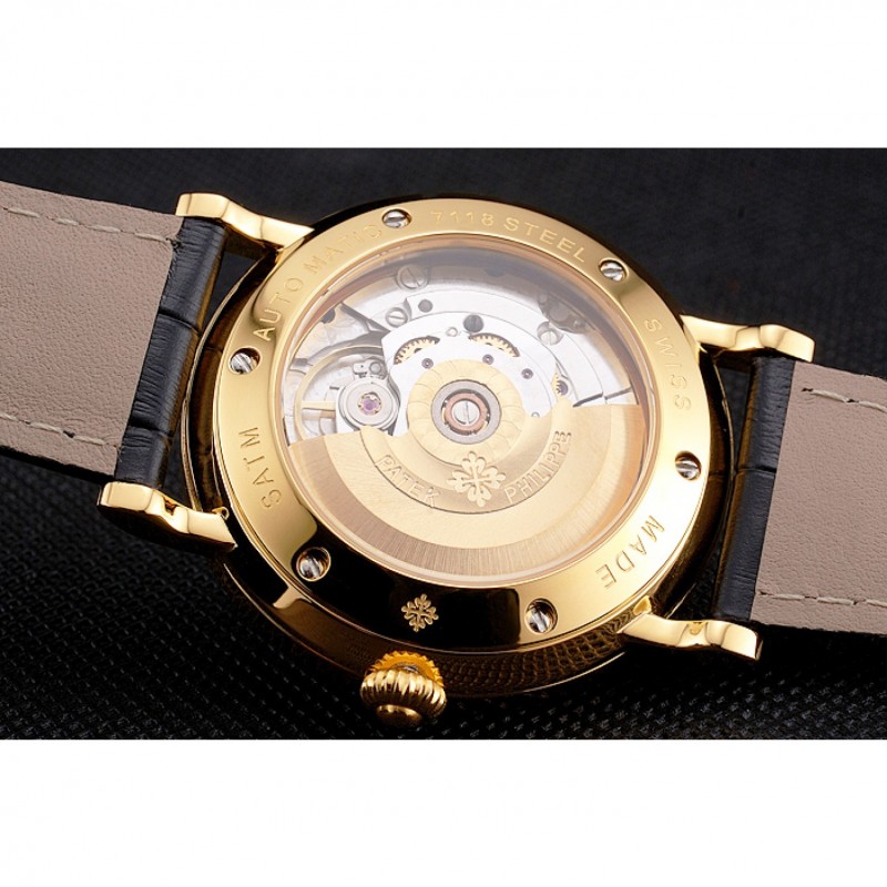Swiss Patek Philippe Calatrava White Dial Gold Case Fluted Bezel Black Leather Strap-6