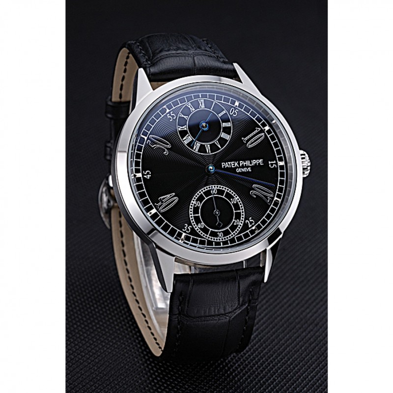 Patek Philippe Geneve Two Dial Black Dial Stainless Steel Bezel Black Leather Band 622145-2