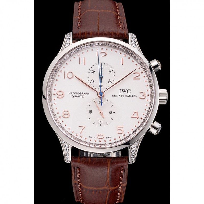 IWC Portugieser Chronograph White Dial Rose Gold Hands And Numerals Steel Case With Diamonds Brown Leather Strap-1