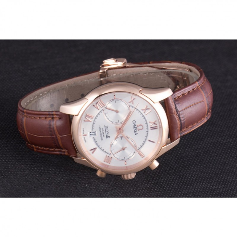 High Quality Replica Watches Omega DeVille Rose Gold Bezel with White Dial and Brown Leather Strap 621570-3