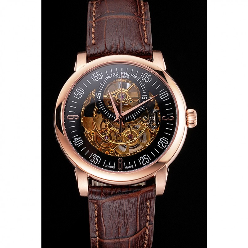 Swiss Patek Philippe Complications Openworked Dial Rose Gold Case Brown Leather Strap-1