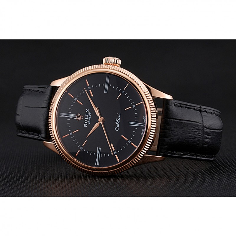 Best Replica Watches Swiss Rolex Cellini Time Rose Gold Case Black Dial Black Leather Bracelet 622656-4