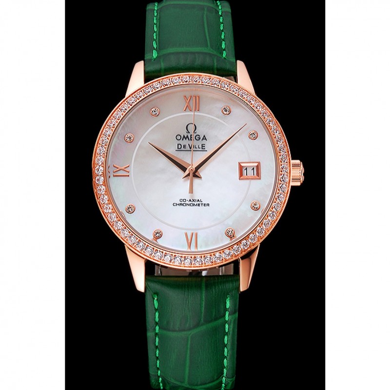SS Replica Watches Omega DeVille Prestige Co-Axial Diamond Gold Case Mother-Of-Pearl Dial Green Leather Strap-1