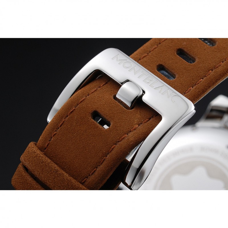 Montblanc Chronograph White Dial Brown Suede Leather Bracelet Silver Case 1454115-7