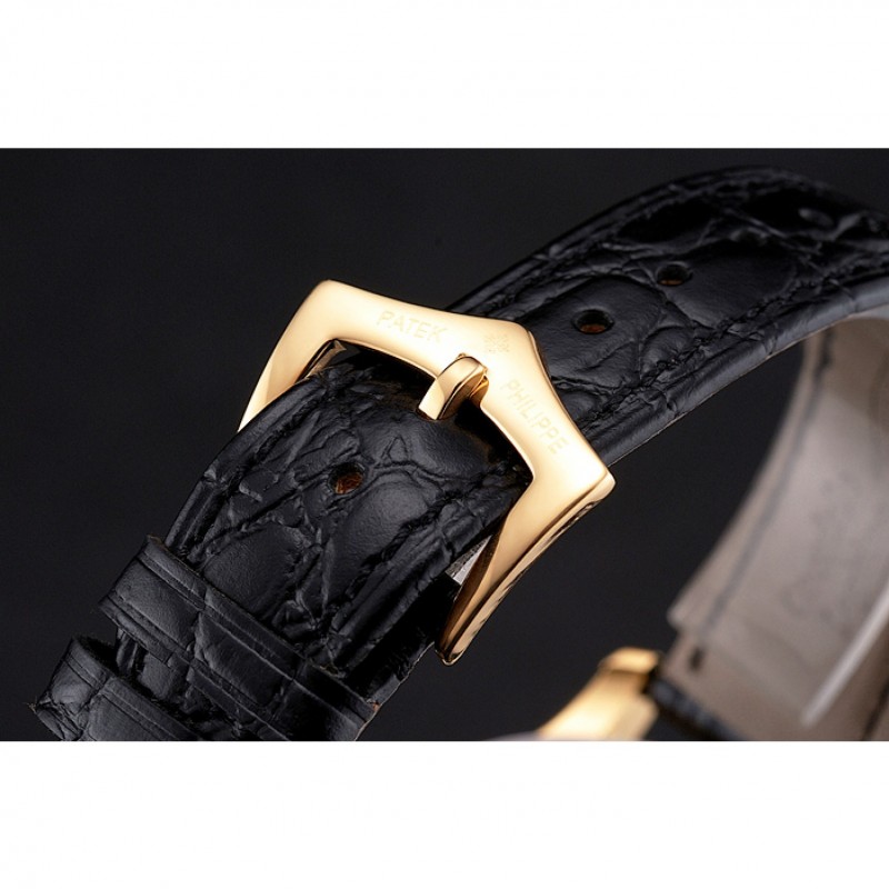 Patek Philippe Calatrava White Embossed Dial Gold Case Black Leather Strap-5