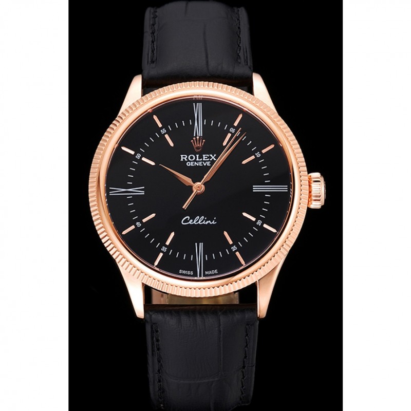 Best Replica Watches Swiss Rolex Cellini Time Rose Gold Case Black Dial Black Leather Bracelet 622656-1