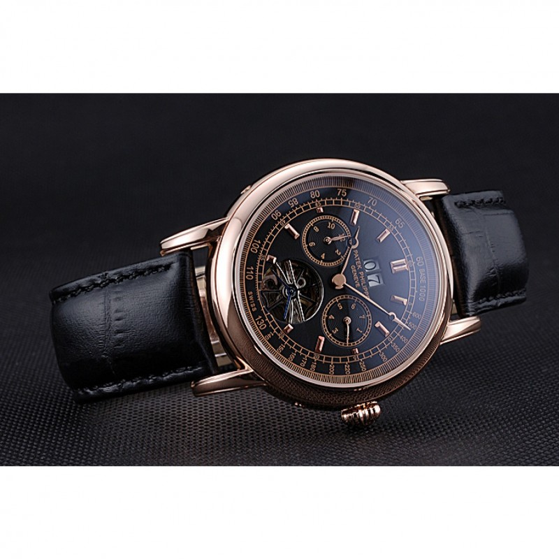 Patek Philippe Geneve Grand Complications Black Dial Tourbillon Rose Gold Bezel Black Band 622157-3