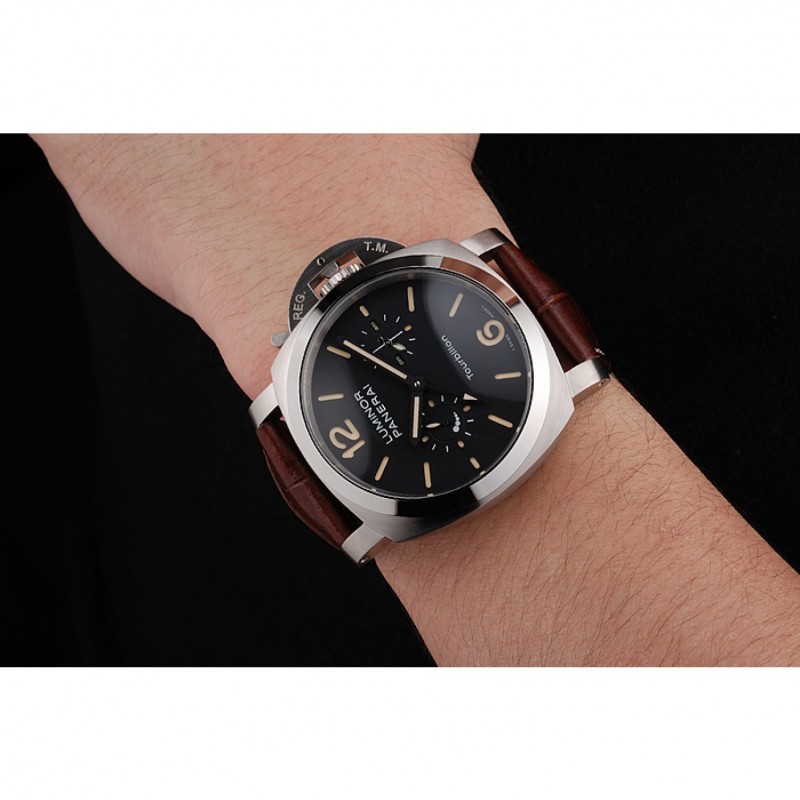 SS Replica Watches Panerai Luminor 1950 Tourbillon GMT Black Dial Stainless Steel Case Brown Leather Strap-8