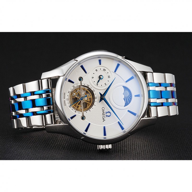 Omega De Ville Moonphase Tourbillon White Dial Stainless Steel Case Two Tone Steel Blue Bracelet-4