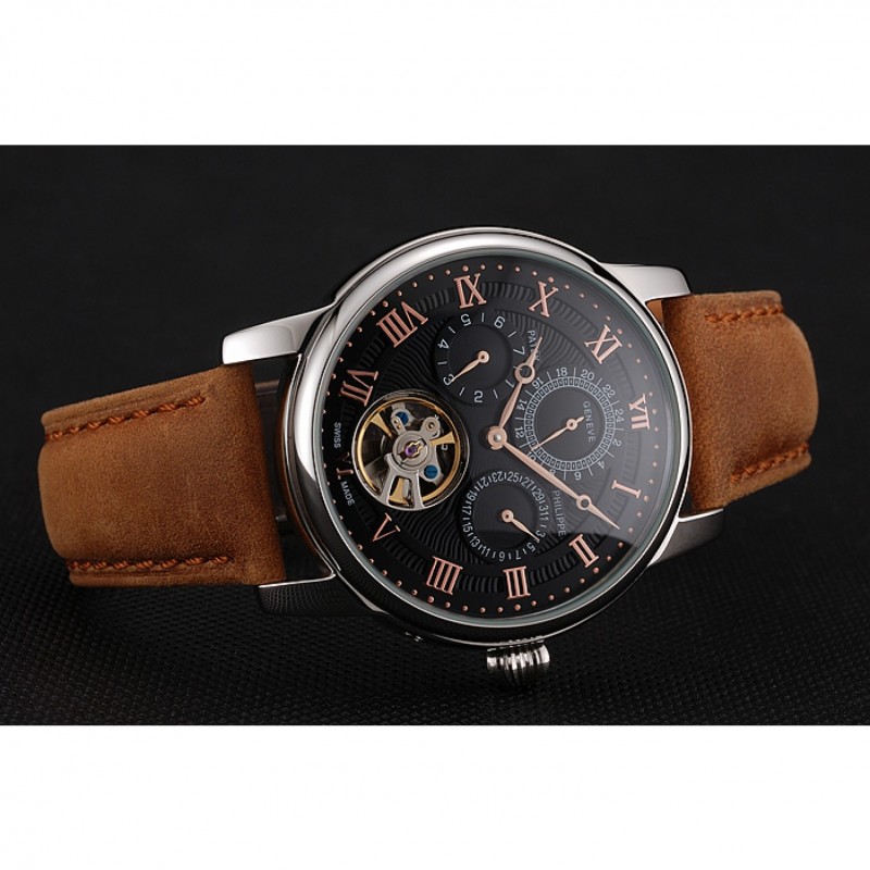 Patek Philippe Grand Complications Day Date Tourbillon Black Dial Rose Gold Numerals Stainless Steel Case Brown Suede Leather Strap 1453815-4