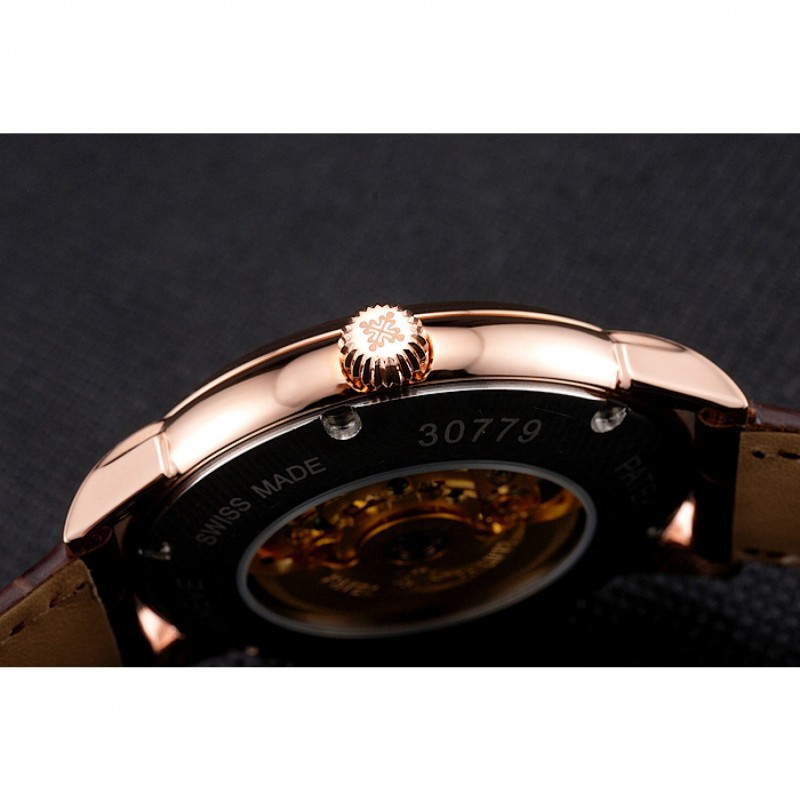 Swiss Patek Philippe Complications Openworked Dial Rose Gold Case Brown Leather Strap-8