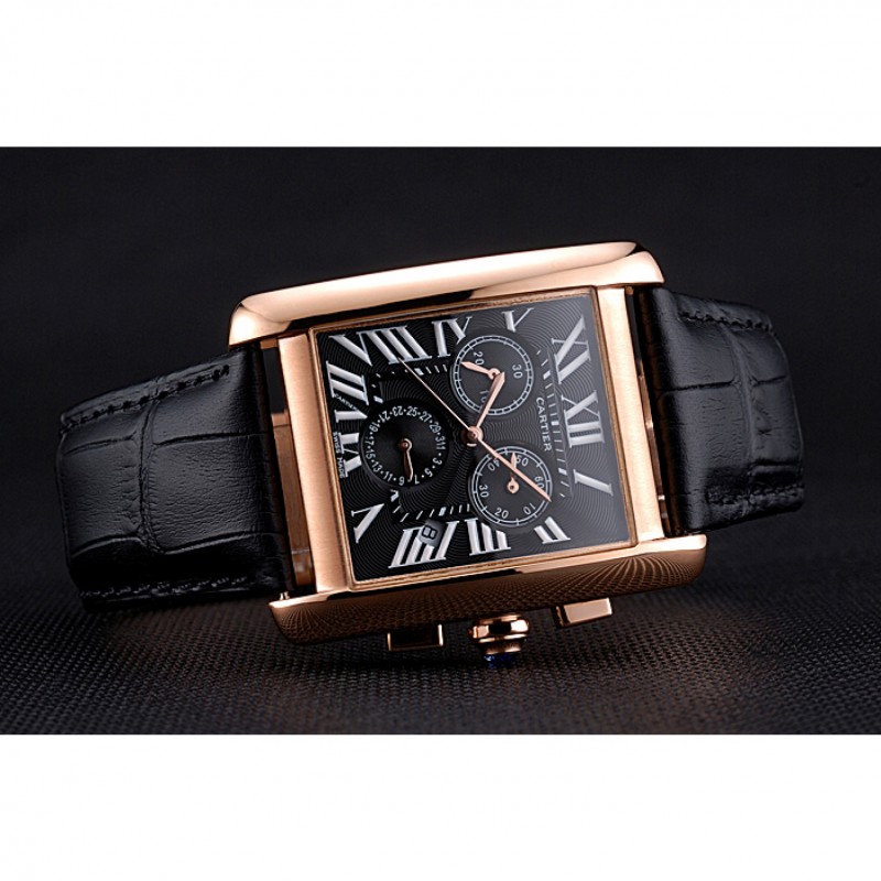High Quality Cartier Tank MC Black Dial Gold Case Black Leather Bracelet 622694-4