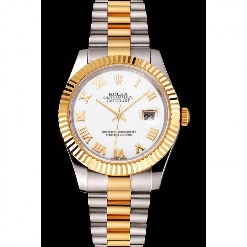 Swiss Rolex Datejust White Dial Roman Numerals Gold Bezel Stainless Steel Case Two Tone Bracelet-1