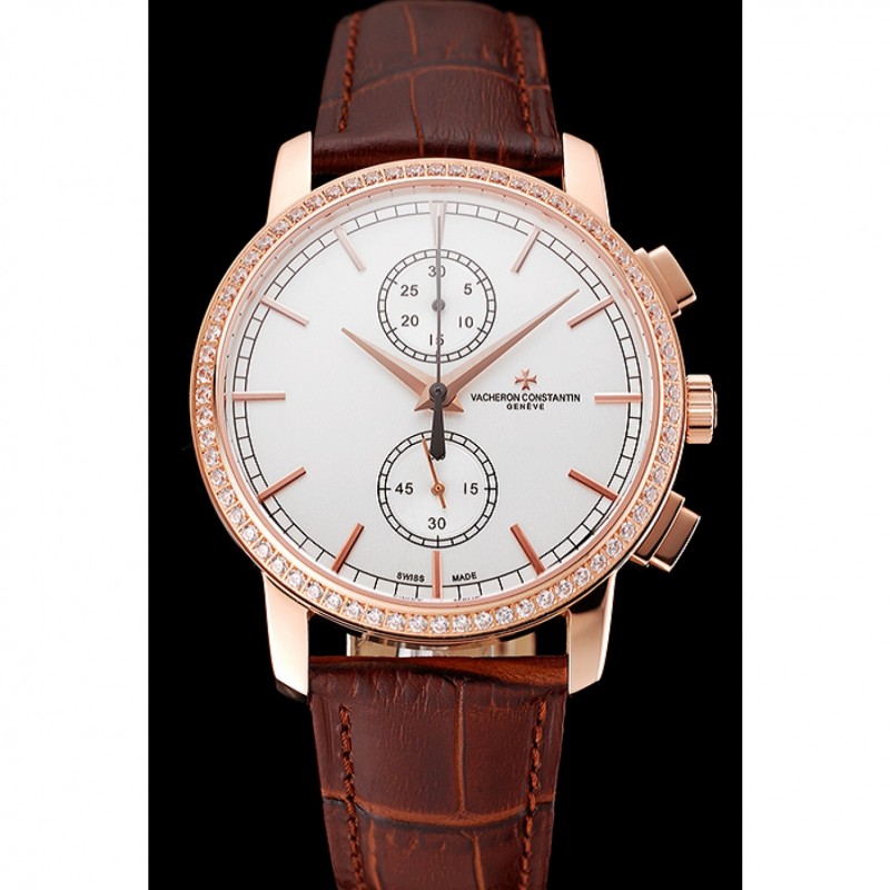 Swiss Vacheron Constantin Patrimony Traditionnelle Chronograph White Dial Diamond Bezel Rose Gold Case Brown Leather Strap 1453764-1