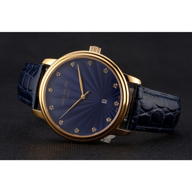 Patek Philippe Calatrava Date Blue Guilloche Dial Gold Case Blue Leather Strap-3