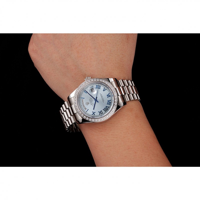 Best Swiss Rolex Day-Date Ice Blue Dial Diamond Case Stainless Steel Bracelet 1453962-8