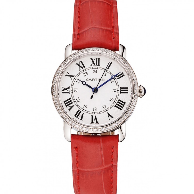 Cartier Ronde White Dial Diamond Bezel Stainless Steel Case Red Leather Strap-0