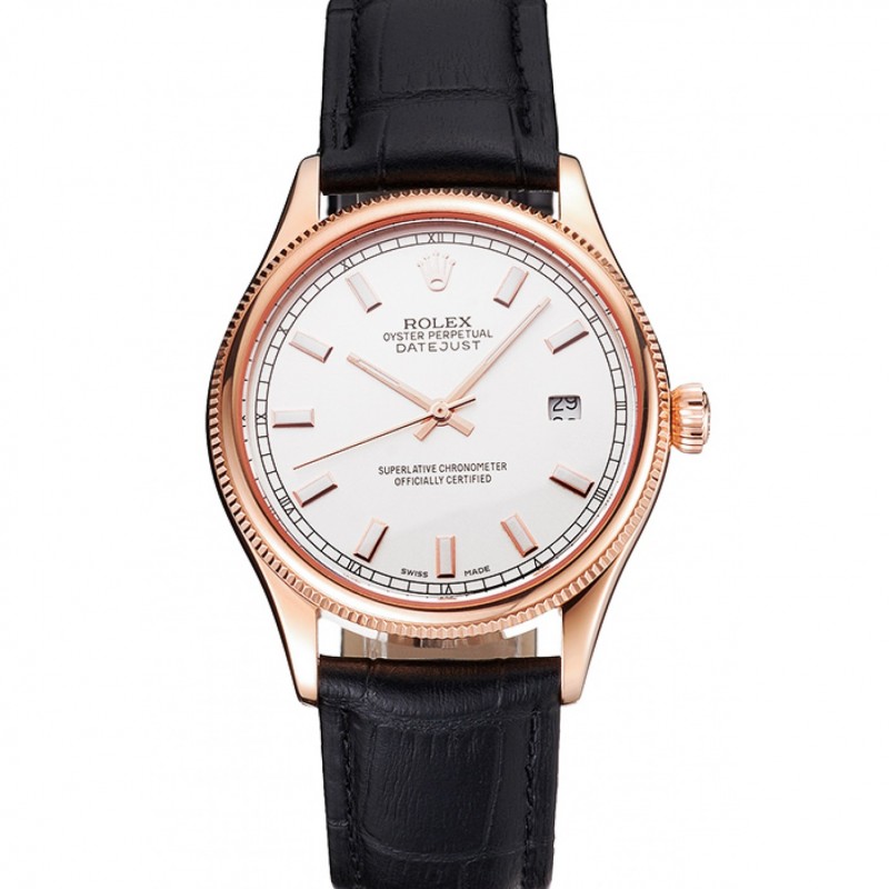 High Quality Swiss Rolex Datejust White Dial Rose Gold Case Black Leather Strap-0