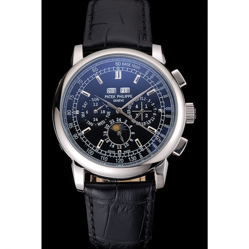 Best Patek Philippe Grand Complications Black Dial Black Leather Bracelet-1