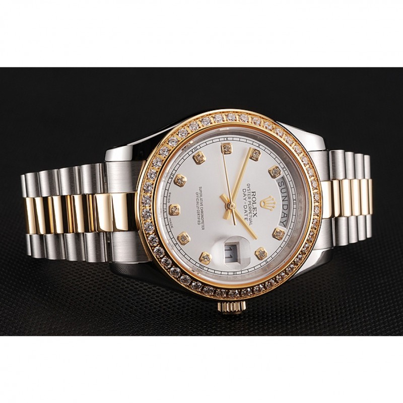 Swiss Rolex Day-Date White Dial Gold Diamond Case Two Tone Stainless Steel Bracelet 1453971-2