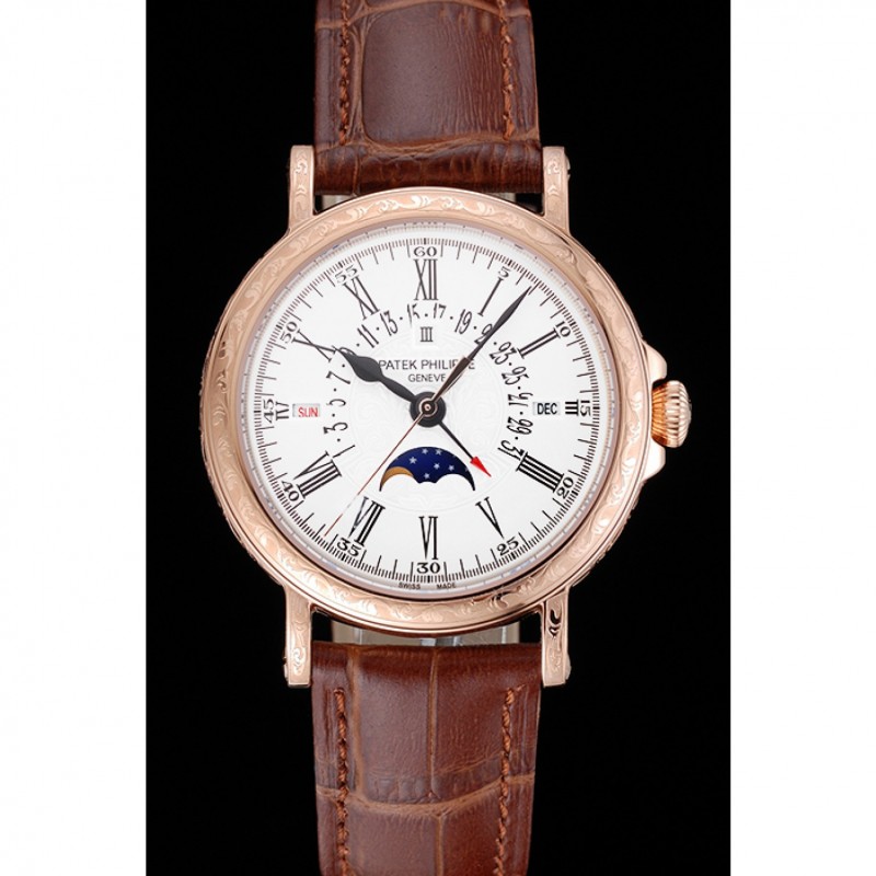 Patek Philippe Perpetual Calendar Retrograde Date White Dial Engraved Rose Gold Case Brown Leather Bracelet 1454148-1