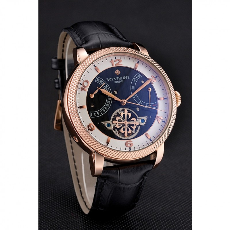 Best Replica Watches Patek Philippe Classic Tourbillon Power Reserve Black And White Dial Rose Gold Case Black Leather Strap-2
