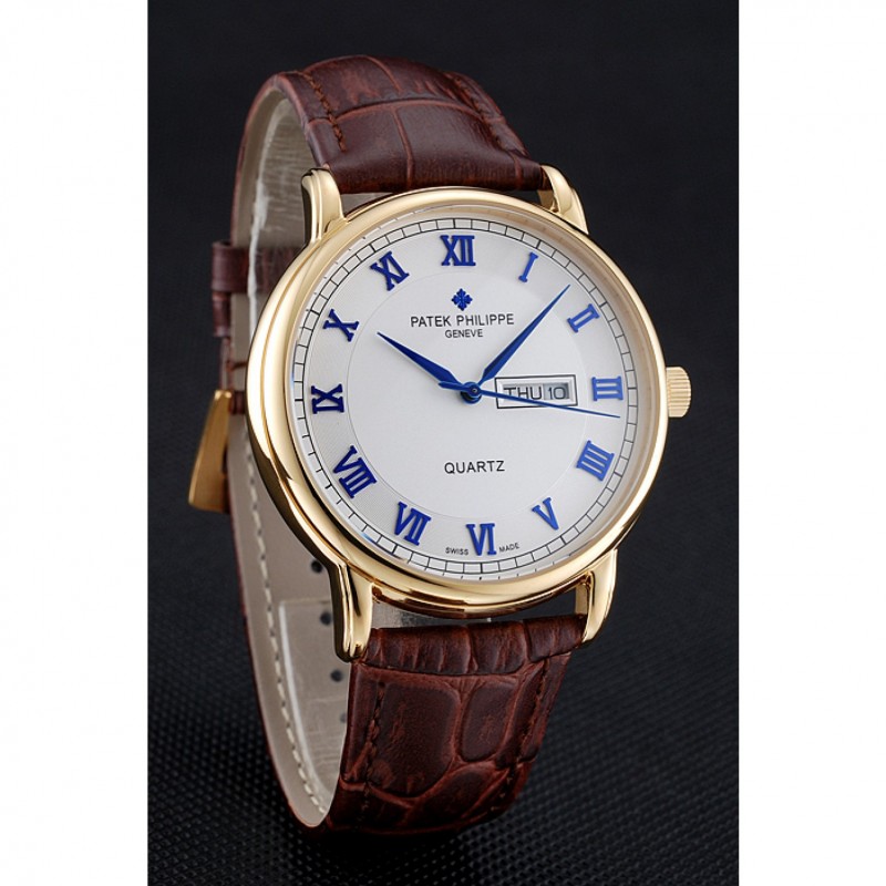 Luxury Patek Philippe Calatrava White Dial Blue Roman Numerals Gold Case Brown Leather Bracelet 1454057-2