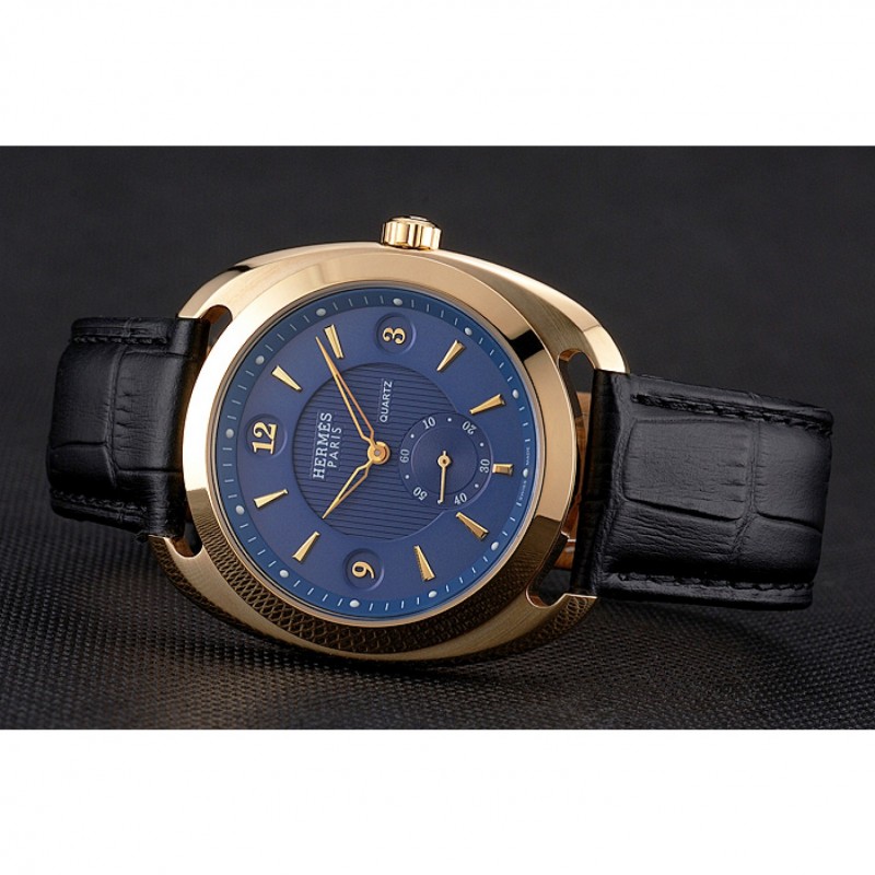 Hermes Dressage Blue Dial Gold Case Black Leather Strap-4