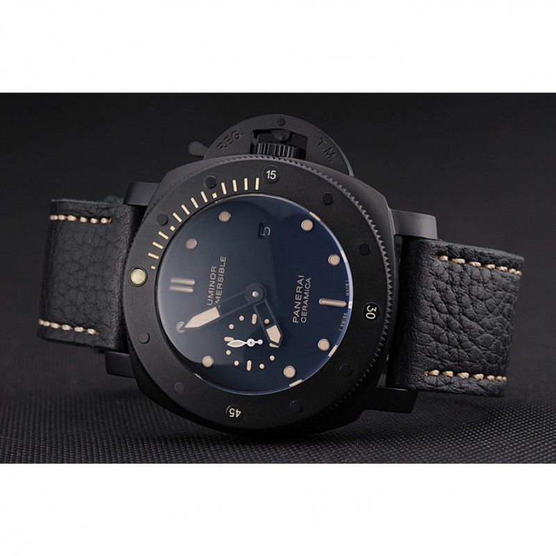 SS Panerai Luminor Submersible Black Dial Black Case Black Leather Strap-3