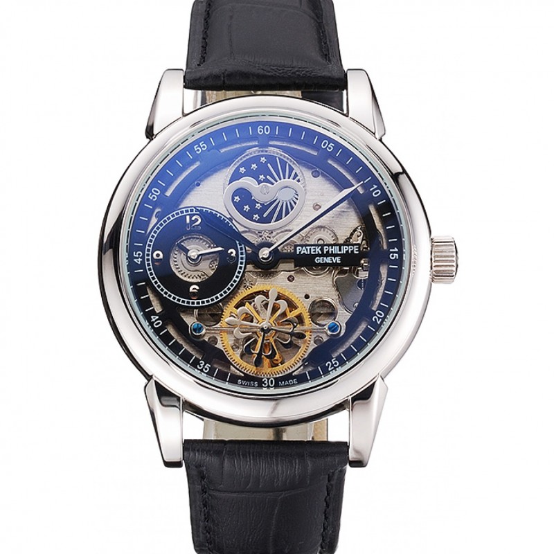 Patek Philippe Dual Time Moonphase Tourbillon Black Skeletonised Dial Stainless Steel Case Black Leather Strap-0