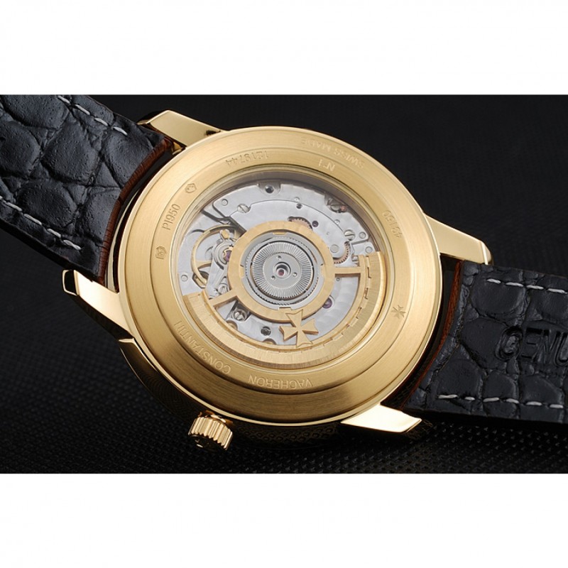 Swiss Vacheron Constantin Patrimony White Dial Gold Diamond Case Brown Leather Bracelet 1454180-7