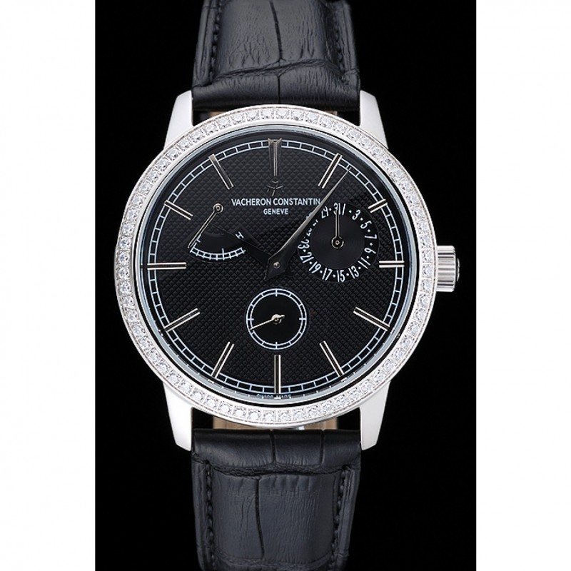 Vacheron Constantin Patrimony Power Reserve Black Dial Silver Diamond Case Black Leather Bracelet 1454267-1