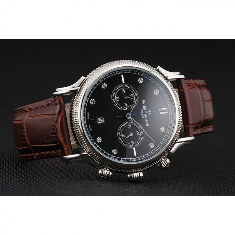Patek Philippe Chronograph Black Dial With Diamonds Stainless Steel Case Brown Leather Strap-4