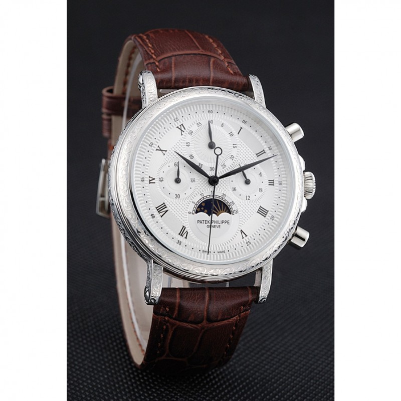Patek Philippe Grand Complications White Dial Engraved Silver Case Brown Leather Bracelet 1454143-2
