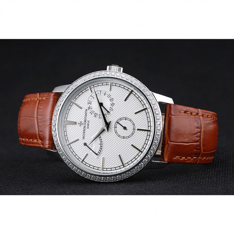 Vacheron Constantin Patrimony Power Reserve White Dial Silver Diamond Case Brown Leather Bracelet 1454266-3