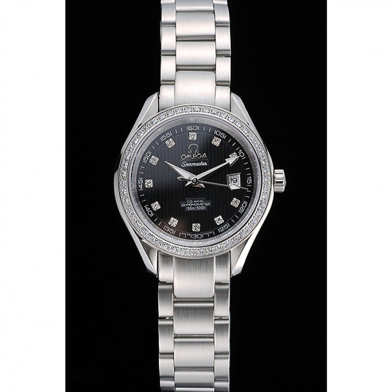 Best Replica Watches Omega Seamaster Aqua Terra Black Dial Diamond Case Stainless Steel Bracelet 622449-1