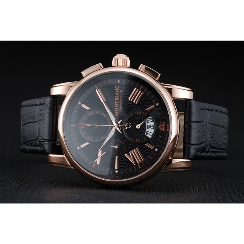 Montblanc Chronograph Black Dial Black Leather Bracelet Rose-Gold Case 1454110-4