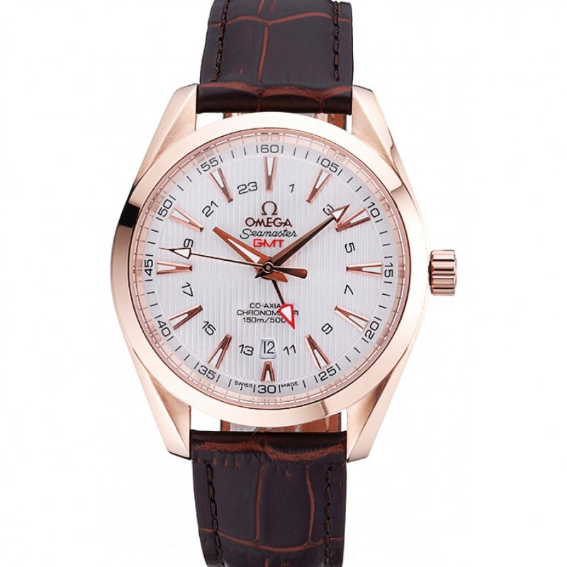 Cheap Omega Seamaster Planet Ocean GMT White Dial Rose Gold Case Brown Leather Band 622400-0