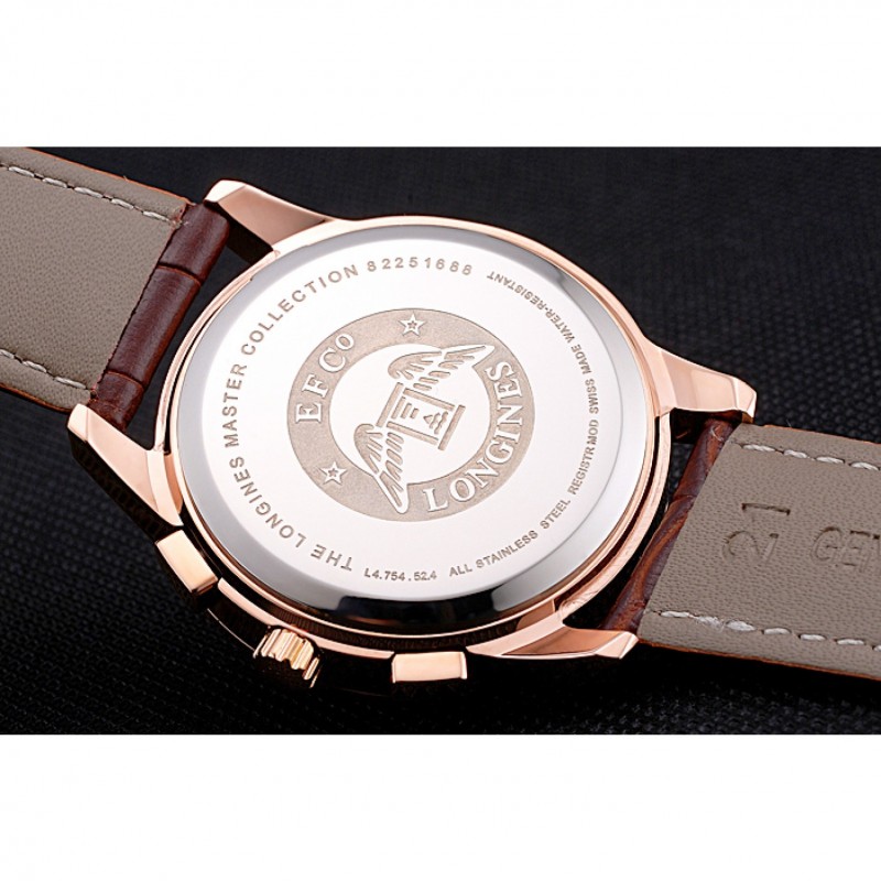 Luxury Replica Watches Longines Column Wheel White Dial Gold Case Brown Leather Strap-8