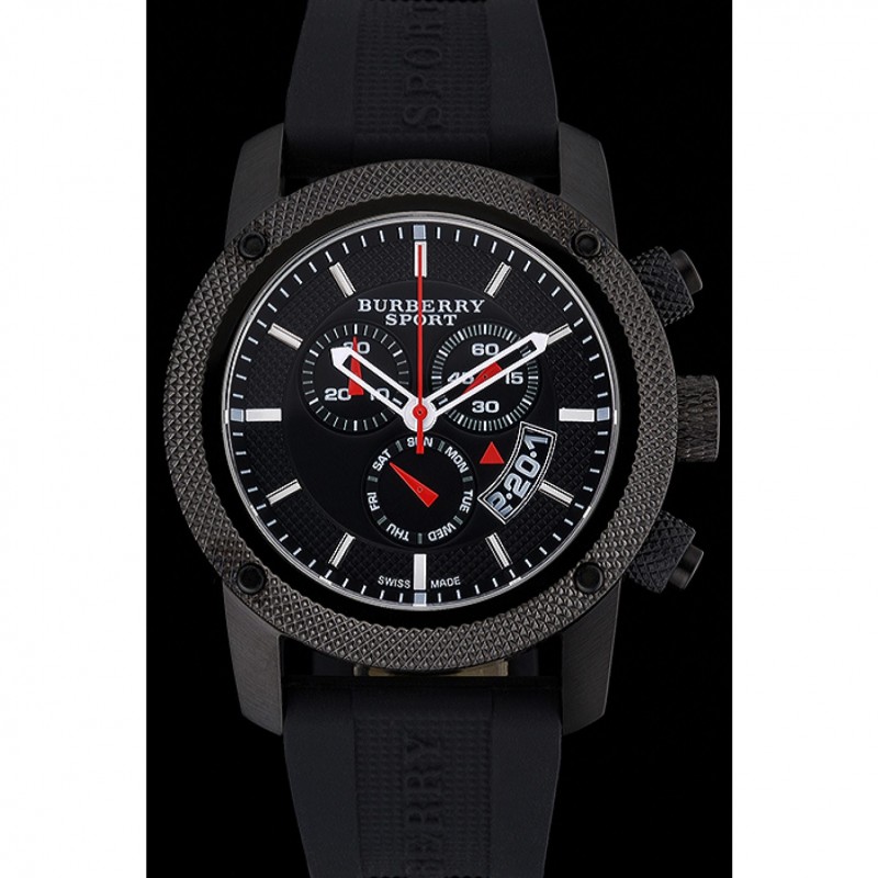 SS Replica Watches Round Burberry Sport Athlete Chronograph Black Case Triple-eye Black Rubber Bracelet 622619-1