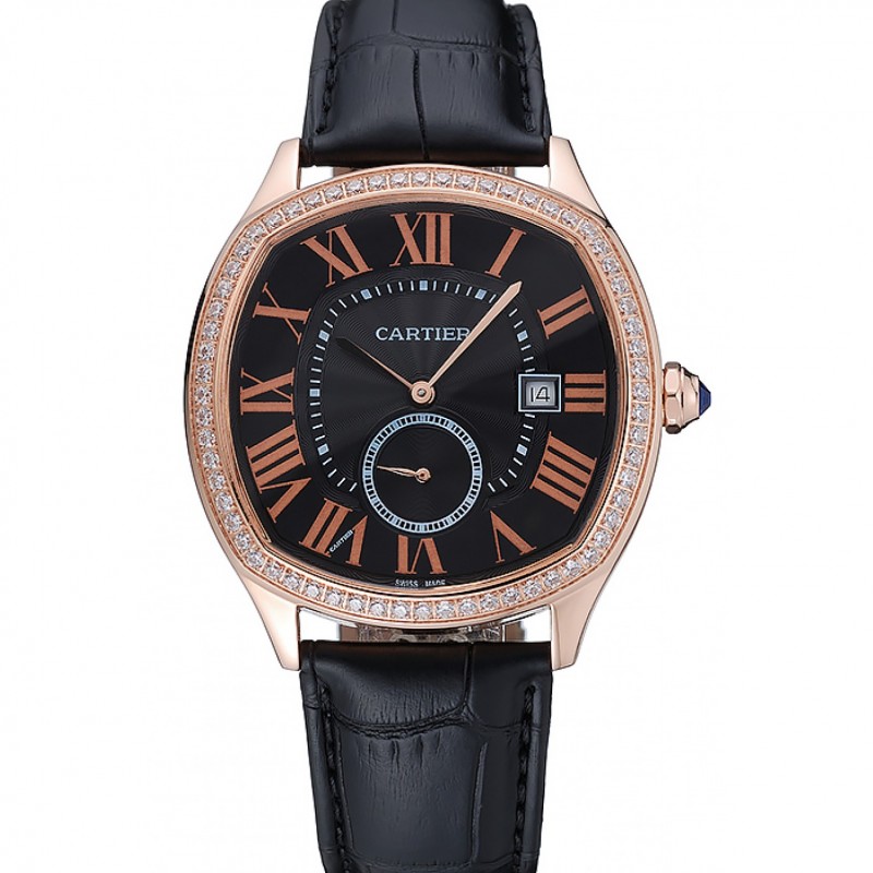 Cartier Drive De Cartier Black Dial Gold Diamond Case Black Leather Bracelet 1454217-0