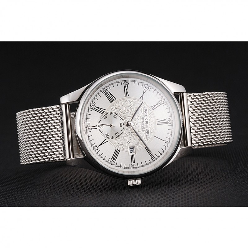 Luxury Replica Watches Patek Philippe Calatrava Small Seconds Silver Engraved Dial Stainless Steel Case And Bracelet-4